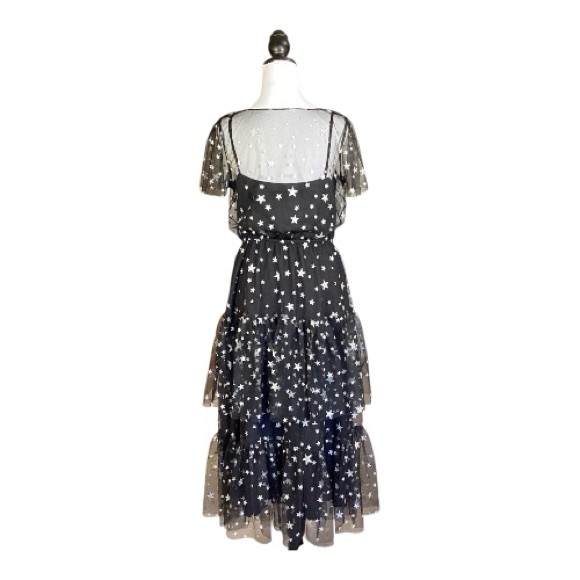 ModCloth Black Silver Star Print Ruffle Tiered Tulle Midi Dress Size M - Picture 3 of 8
